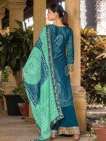 Teal Blue Real Chinon Silk Digital Print Plazzo Suit